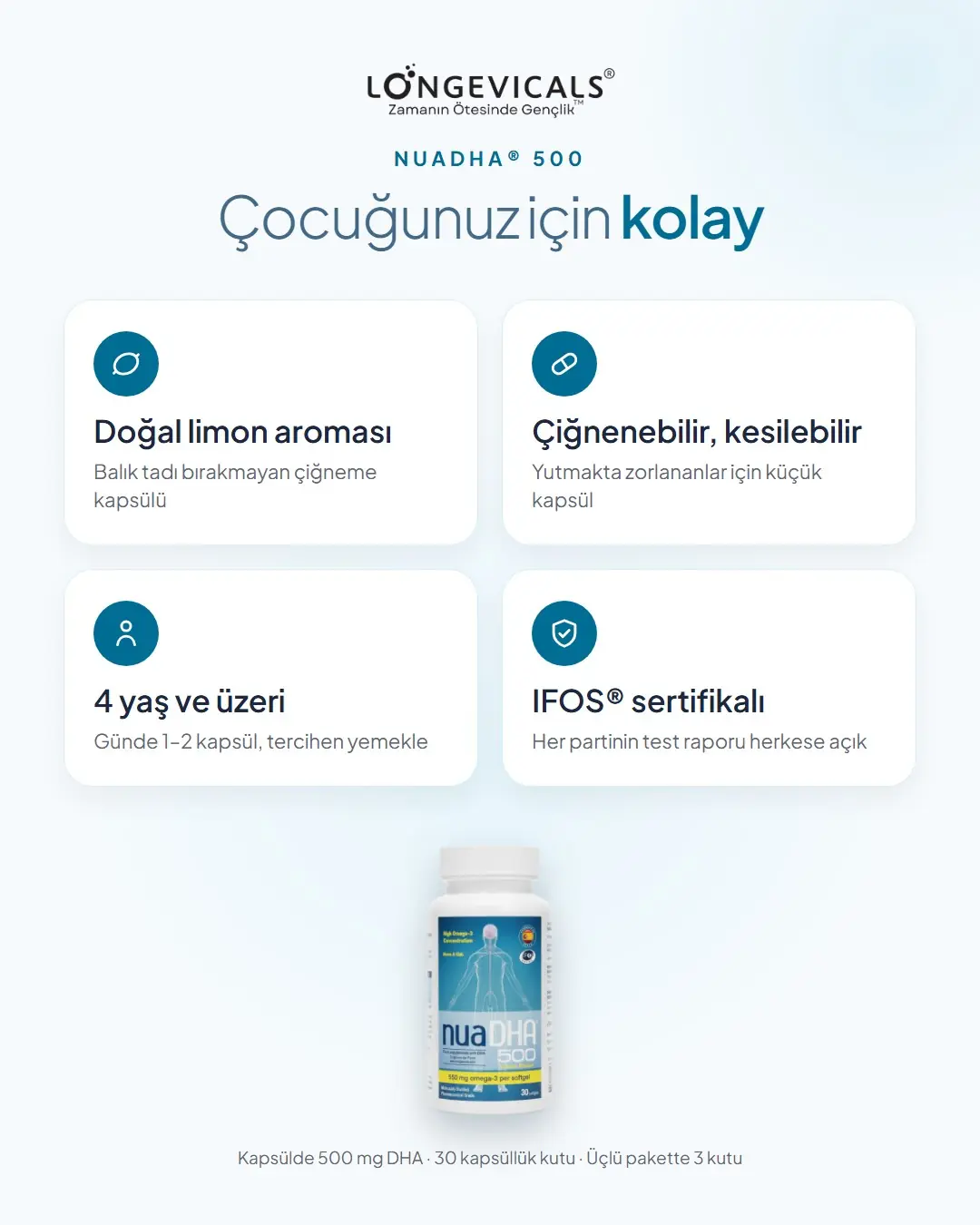 NuaDHA® 500 Üçlü Paket, Çocuklara Özel Çiğneme Kapsülü, 3 x 30 Kapsül 7